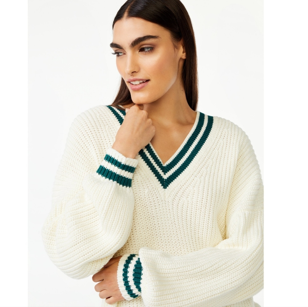 Knitted Vneck Varsity Sweater